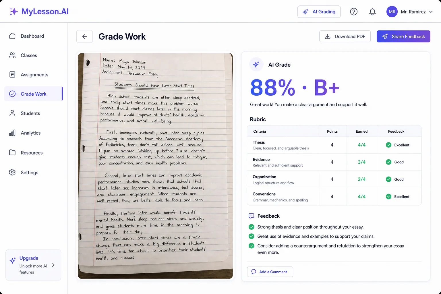 AI grading a handwritten student essay against a rubric with a score and personalized feedback