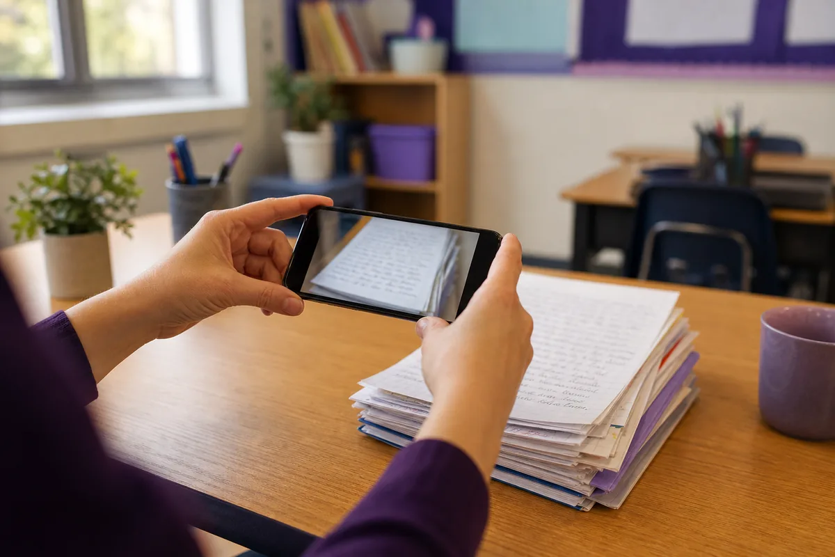Teacher photographing a stack of handwritten student papers with a smartphone