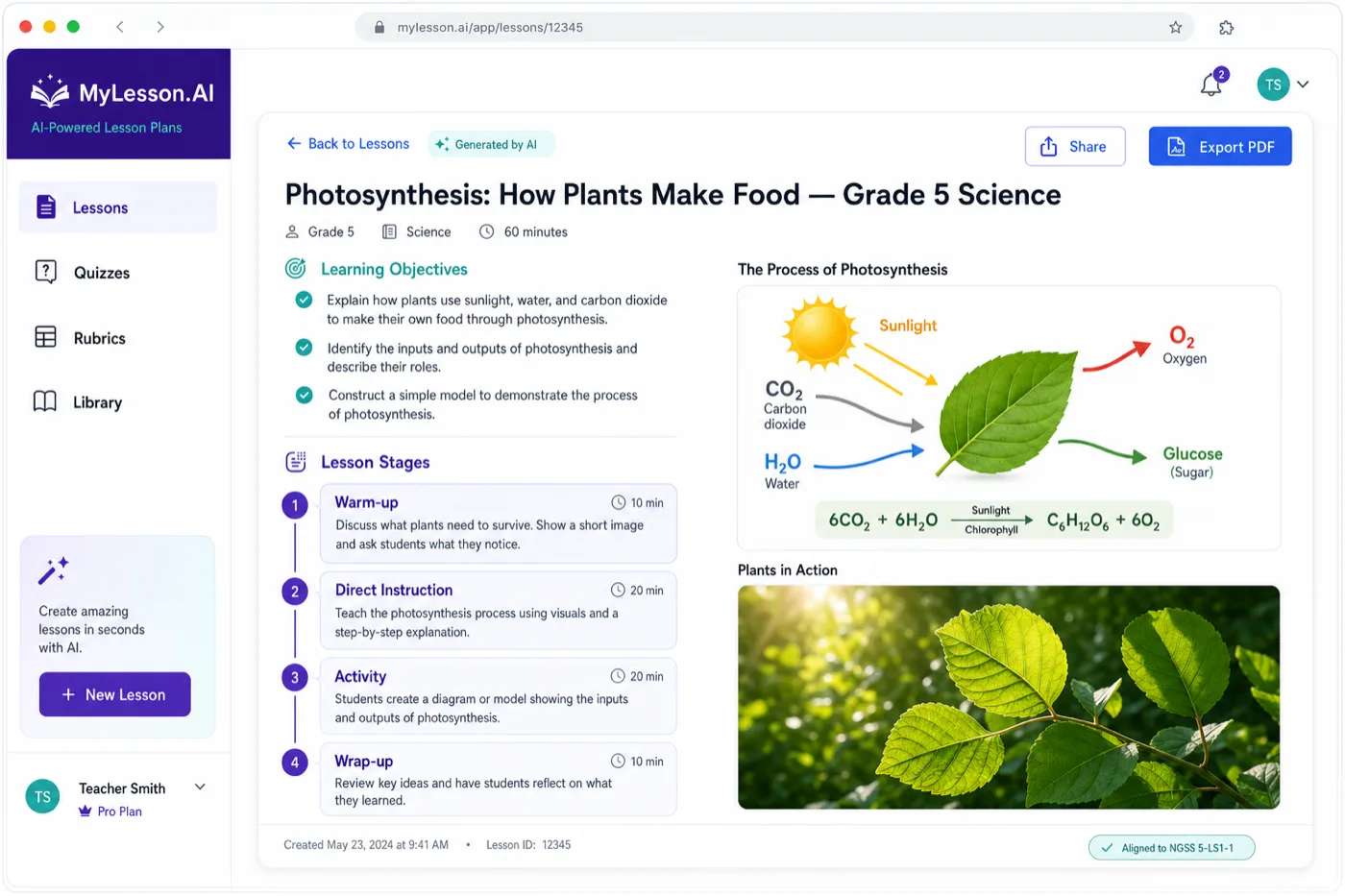 MyLesson.AI dashboard showing an AI-generated Grade 5 photosynthesis lesson plan with objectives, lesson stages, and embedded diagrams