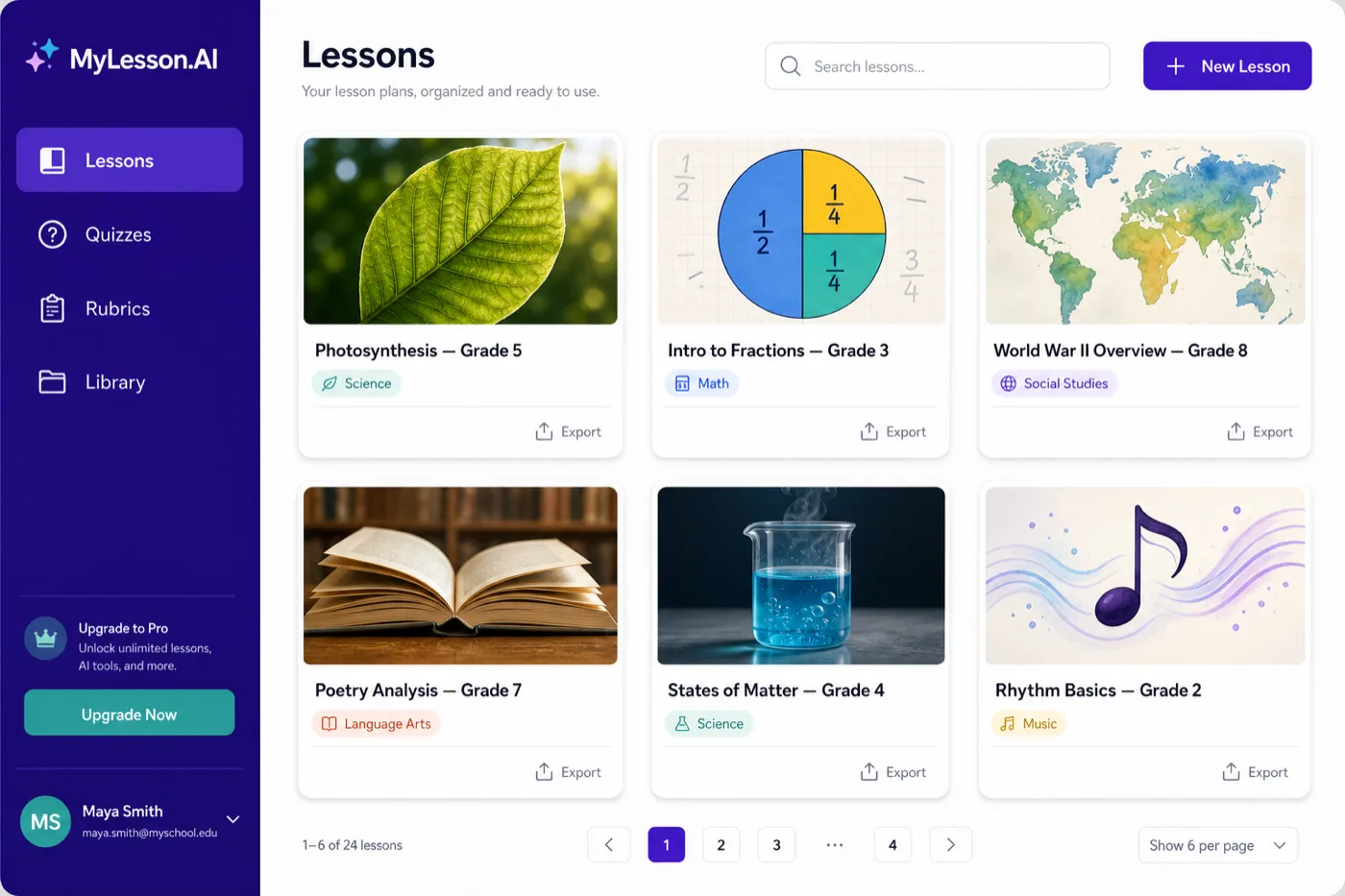 MyLesson.AI lessons library showing saved AI lesson plans organized by subject and grade