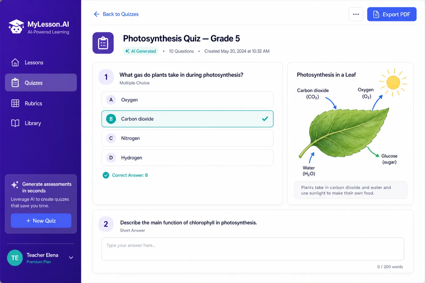 MyLesson.AI quiz generator showing an AI-generated photosynthesis quiz with multiple-choice and short-answer questions